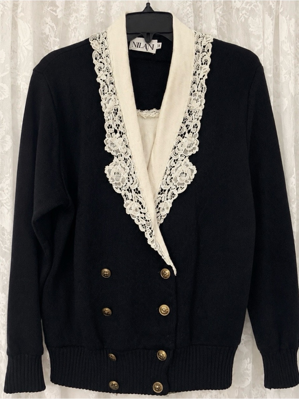 Vintage Nilani Navy Blue Off White Lace Trim knit Cardigan Coquette Sweater M